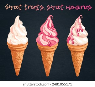 Sweet Cartoon Ice Cream Cones Vector Illustration. Delightful vector icon of cartoon ice cream cones on black chalkboard. Each waffle cone is filled with a different flavor of colorful ice cream