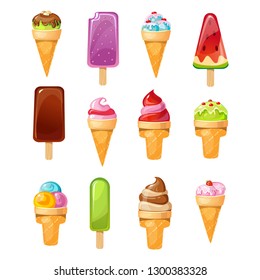 Sweet cartoon ice cream set isolated on white background. Vector colorful ice cream for cafe menu, invitations, summer prints etc