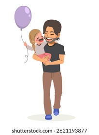 Sweet cartoon illustration of a father walking and holding his daughter holding a purple balloon. Bonding drawing for Father’s Day concept