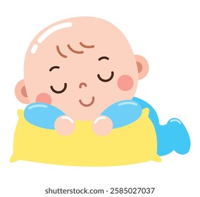 A sweet cartoon illustration of a peaceful baby sleeping on a soft yellow pillow, dressed in a cozy blue outfit. 