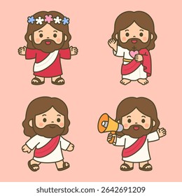 Sweet Cartoon Jesus with Megaphone, Heart Symbol and Flower Crown Expressing Love