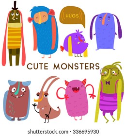 Sweet  Cartoon Monsters.Cute vector set for childish design collection. Fabulous incredible characters  isolated on white