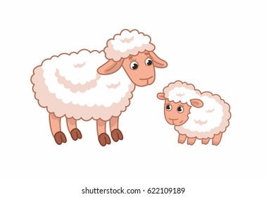 Sweet cartoon mother sheep with her cute lamb