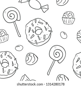 Sweet cartoon outline candies seamless pattern. Top View Doughnuts collection for menu design, cafe decoration, delivery box, tshirt, fabric, textile. vector illustration in flat style - Vector