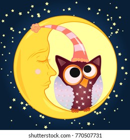 A sweet cartoon owl with eyes closed to the middle in a sleeping cap sits on a drowsy crescent moon against the background of a night sky with stars