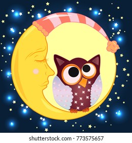 A sweet cartoon owl with eyes closed to the middle in a sleeping cap sits on a drowsy crescent in a sleeping cap against the background of a night sky with stars...