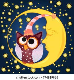 A sweet cartoon owl with eyes closed to the middle in a sleeping cap sits on a drowsy crescent moon against the background of a night sky with stars