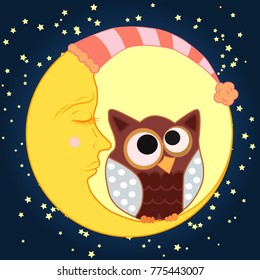 A sweet cartoon owl with eyes closed to the middle in a sleeping cap sits on a drowsy crescent in a sleeping cap against the background of a night sky with stars...