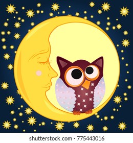 A sweet cartoon owl with eyes closed to the middle in a sleeping cap sits on a drowsy crescent moon against the background of a night sky with stars