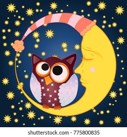 A sweet cartoon owl with eyes closed to the middle in a sleeping cap sits on a drowsy crescent moon against the background of a night sky with stars