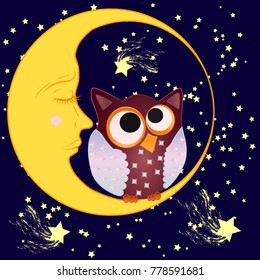 A sweet cartoon owl with eyes closed to the middle in a sleeping cap sits on a drowsy crescent in a sleeping cap against the background of a night sky with stars...