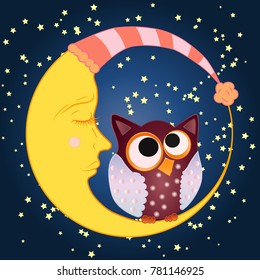 A sweet cartoon owl with eyes closed to the middle in a sleeping cap sits on a drowsy crescent in a sleeping cap against the background of a night sky with stars...