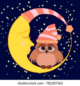 A sweet cartoon owl with sad eyes on a sleeping cap sits on a drowsy crescent moon against the background of a night sky with stars