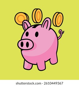 Sweet Cartoon Piggy Bank with Coins Falling Around
