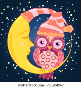 Sweet cartoon pink owl with a round pattern on the wings and a little body in the dome for sitting on a dozing crescent against the background of the night sky with the stars...