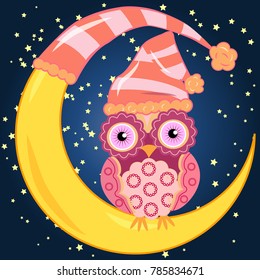 Sweet cartoon pink owl with a round pattern on the wings and a little body in the dome for sitting on a dozing crescent against the background of the night sky with the stars...