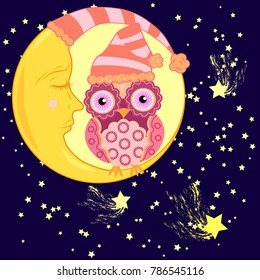 Sweet cartoon pink owl with a round pattern on the wings and a little body in the dome for sitting on a dozing crescent against the background of the night sky with the stars...