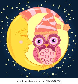Sweet cartoon pink owl with a round pattern on the wings and a little body in the dome for sitting on a dozing crescent against the background of the night sky with the stars...