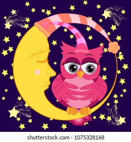 A sweet cartoon pink owl in a sleeping cap relaxes sitting on a sleeping sickle of the moon among a dark night sky and stars