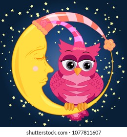 A sweet cartoon pink owl in a sleeping cap relaxes sitting on a sleeping sickle of the moon among a dark night sky and stars