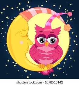 A sweet cartoon pink owl in a sleeping cap relaxes sitting on a sleeping sickle of the moon among a dark night sky and stars