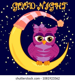 A sweet cartoon pink owl in a sleeping cap relaxes sitting on a sleeping sickle of the moon among a dark night sky and stars