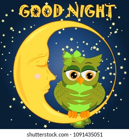 A sweet cartoon pink owl in a sleeping cap relaxes sitting on a sleeping sickle of the moon among a dark night sky and stars