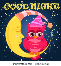 A sweet cartoon pink owl in a sleeping cap relaxes sitting on a sleeping sickle of the moon among a dark night sky and stars