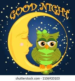 A sweet cartoon pink owl in a sleeping cap relaxes sitting on a sleeping sickle of the moon among a dark night sky and stars