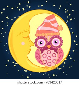 Sweet cartoon pink owl with wings and a little body in the dome for sitting on a dozing crescent against the background of the night sky with the stars...