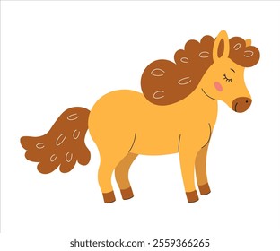 Sweet cartoon pony with a curly mane standing peacefully on a plain background