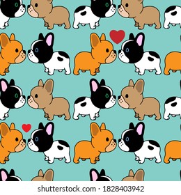 Sweet cartoon puppy Dog french bulldog seamless pattern. Good for textile, wrapping, wallpapers, etc. Dog isolated on background. Vector illustration.