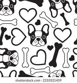 Sweet cartoon puppy Dog french bulldog seamless pattern. Good for textile, wrapping, wallpapers, etc. Dog isolated on background. Vector illustration.