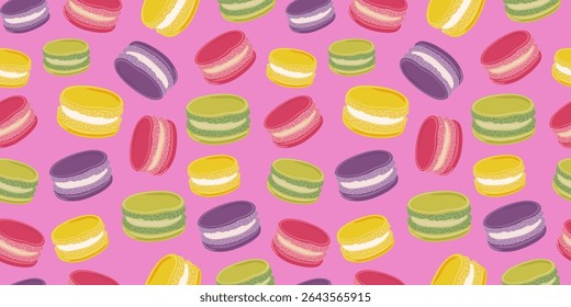 Sweet cartoon seamless pattern. Traditional French macarons. Cute pastry endless background for bakery and coffee shops, cooking book, wrapping paper, prints, textile