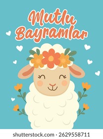 A sweet cartoon sheep wearing a flower crown, illustrated in a soft, pastel flat style to celebrate Kurban Bayramı (Eid al-Adha). This design is perfect for greeting cards, posters, and social media