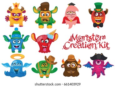 Sweet Cartoon smiling Monsters. Vector set illustration isolated on white background with place for text