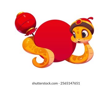 Sweet cartoon snake character with gold scales wearing traditional hat and holding red lantern and circular banner with its tail. Vector 2025 Chinese lunar year festive reptile animal with happy face