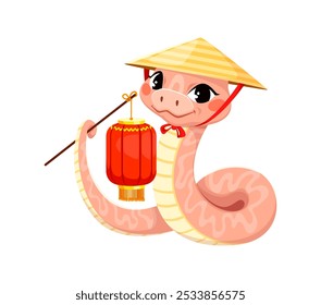 Sweet cartoon snake character in pink tones wearing traditional conical hat and holding a red lantern with its tail. Vector 2025 Chinese lunar year reptile snake animal with festive happy expression