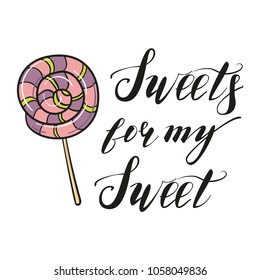 Sweet in cartoon style. Lollipop in bright colors. Pink and purple candy with spring lettering.