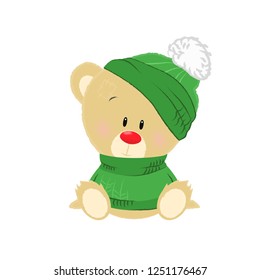 Sweet cartoon teddy bear wearing green hat and sweater. Winter concept. Vector illustration can be used for topics like winter holidays, vacation, outfit