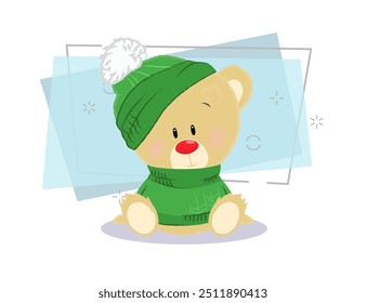 Sweet cartoon teddy bear wearing green hat and sweater. Winter concept. Vector illustration can be used for topics like winter holidays, vacation, outfit