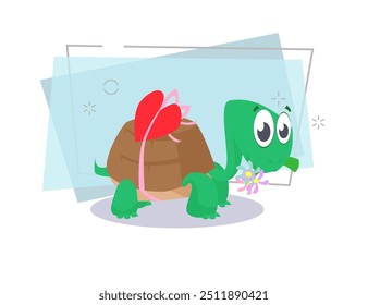 Sweet cartoon turtle carrying red heart and flowers. Cute character, animal, Valentines day. Can be used for topics like love, romance, greeting