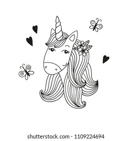 Sweet cartoon unicorn head. Coloring page. Black and white vector illustration.