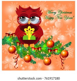 A sweet cartoon-like coquettish red owl with a Christmas present sits on a decorated with balls, bows, light-emitting spruce branches. Christmas card