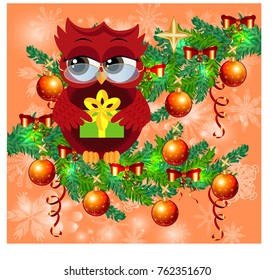 A sweet cartoon-like coquettish red owl with a Christmas present sits on a decorated with balls, bows, light-emitting spruce branches. Christmas card
