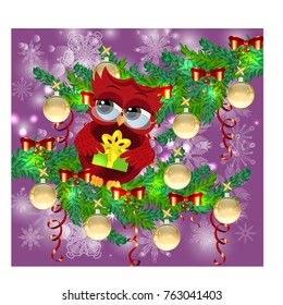 A sweet cartoon-like coquettish red owl with a Christmas present sits on a decorated with balls, bows, light-emitting spruce branches. Christmas card