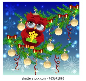 A sweet cartoon-like coquettish red owl with a Christmas present sits on a decorated with balls, bows, light-emitting spruce branches. Christmas card