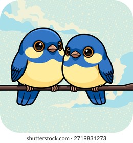 Sweet cartoon-style vector illustration of two small birds sitting on a branch.
