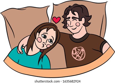 Sweet cartoony couple cuddling in cozy bed. Man hugging his woman. Card for Saint Valentine Day greetings. Vector isolated illustration.