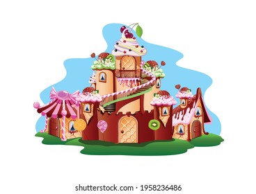 Sweet castle in the candy land. Sweet fairy tale vector illustration on white background for creating a poster, flyer or card